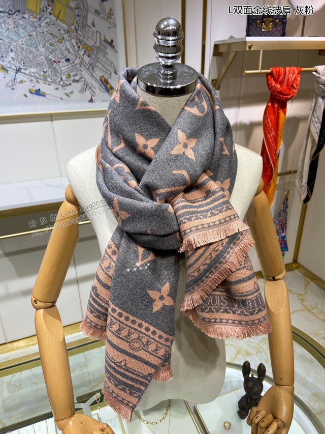 Louis Vuitton圍巾 路易威登2021新款羊絨保暖雙面圍巾 LV老花金線披肩  mmj1096